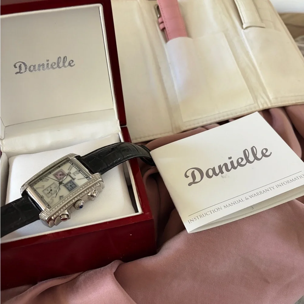 Danielle Silver-Tone Rectangular Watch with Black Leather Strap